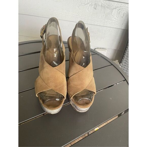 Michael Kors Mariana Suede/ Snakeskin Sling Platform/Open Toe Heels Brown Size 9 - Picture 9 of 11